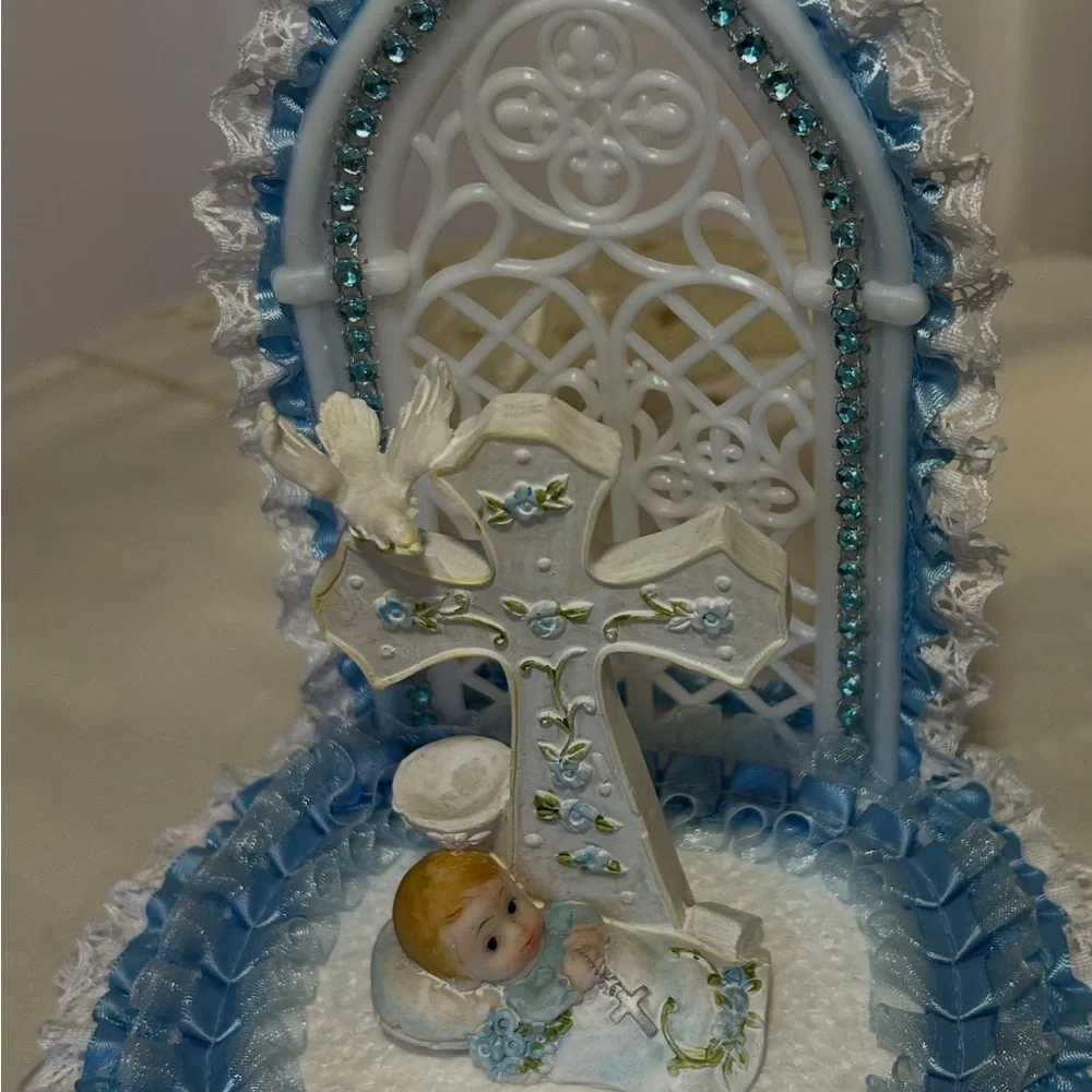 Charming Blue and White Baby Christening Cake Topper